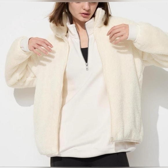 UNIQLO Fluffy Yarn Fleece Zip-Up Teddy Jacket Sweater Vanilla Cream Size Large - Picture 1 of 10